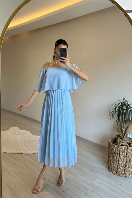 Dipmoda kadın omzu açık piliseli midi şifon elbise NM006