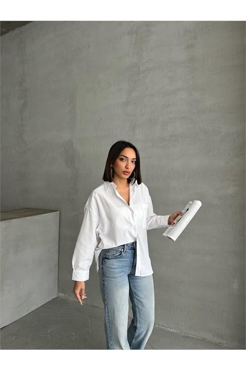Dipmoda kadın oversize cep detaylı poplin gömlek DPNBG072