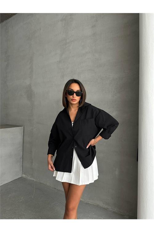 Dipmoda kadın oversize cep detaylı poplin gömlek DPNBG072