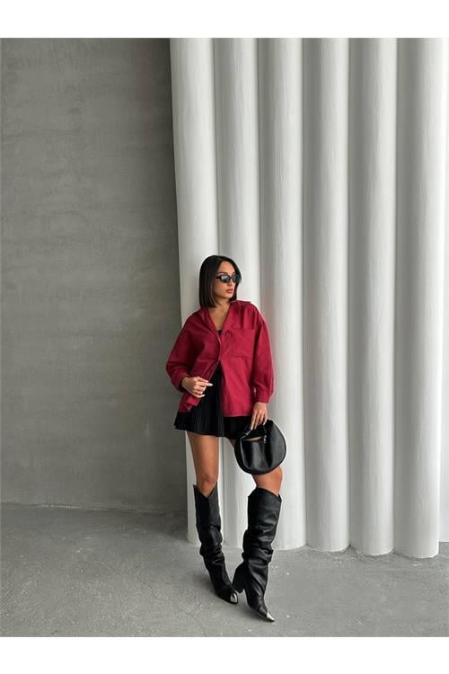 Dipmoda kadın oversize cep detaylı poplin gömlek DPNBG072