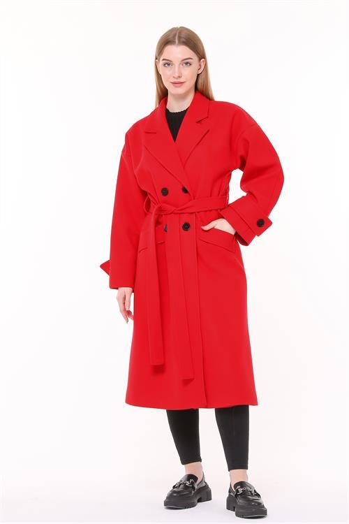 Dipmoda kadın oversize yünlü kaşe kaban NBPLTN01 - Kırmızı 