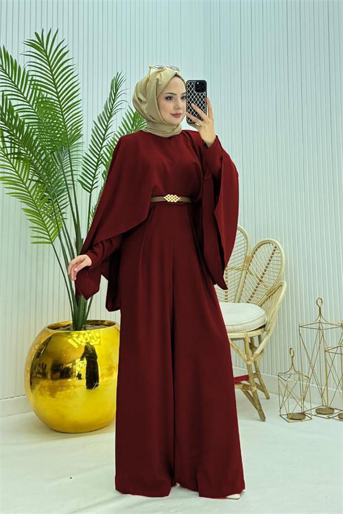 Dipmoda kadın pelerinli kemer detaylı tesettür tulum NMS061