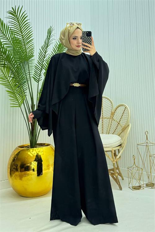 Dipmoda kadın pelerinli kemer detaylı tesettür tulum NMS061