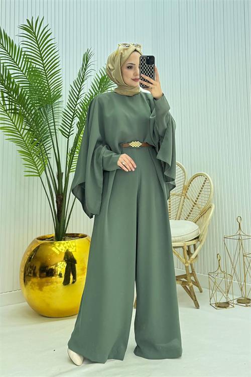 Dipmoda kadın pelerinli kemer detaylı tesettür tulum NMS061