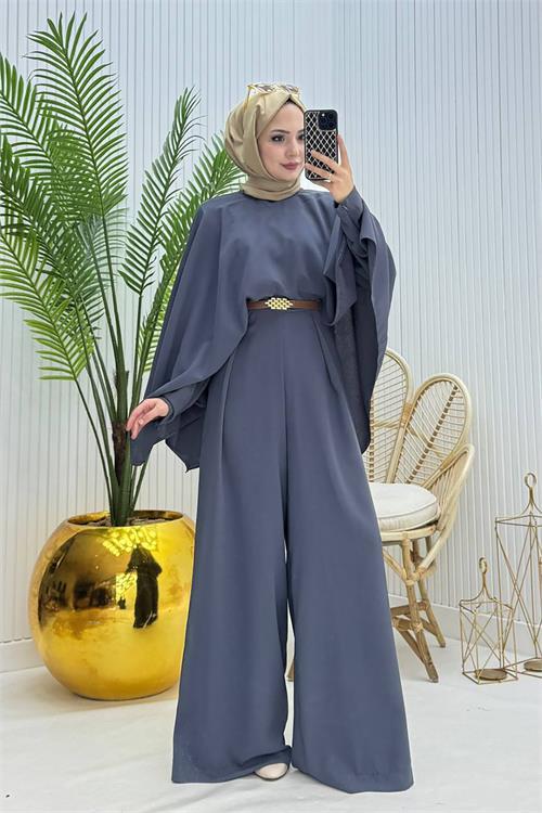 Dipmoda kadın pelerinli kemer detaylı tesettür tulum NMS061