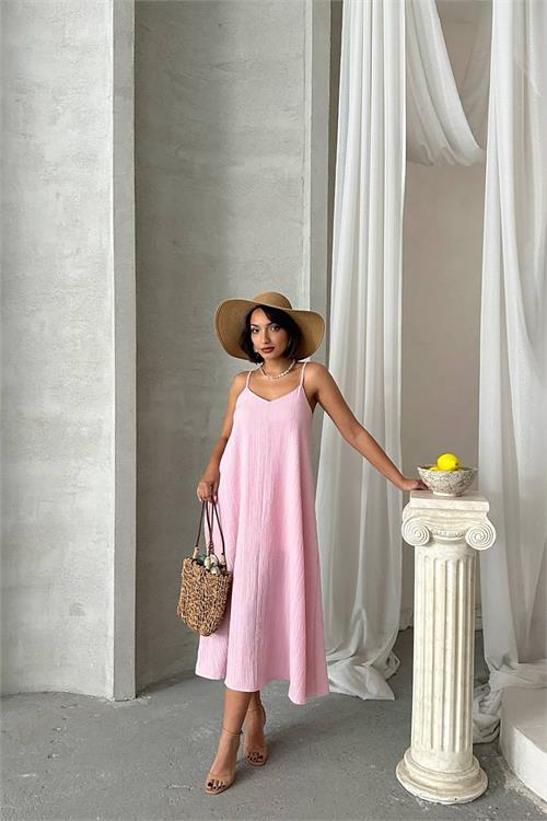 Dipmoda kadın pembe ayarlanabilir askılı salaş elbise DPG090