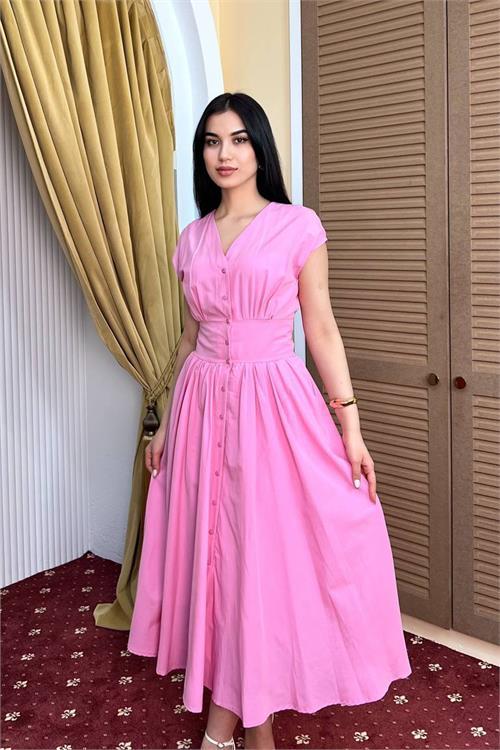 Dipmoda kadın pembe feminen kesim bel detaylı düğmeli midi boy elbise DPMY3924
