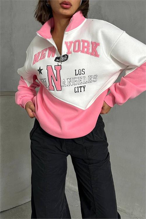 Dipmoda kadın pembe fermuarlı New york sweat NBG050
