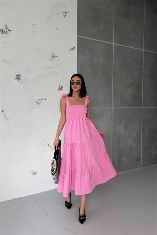 Dipmoda kadın pembe gipeli askılı poplin elbise NBG012 