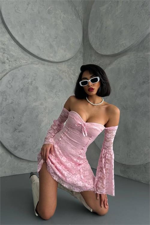 Dipmoda kadın pembe glop detaylı dantel mini elbise NBDF105