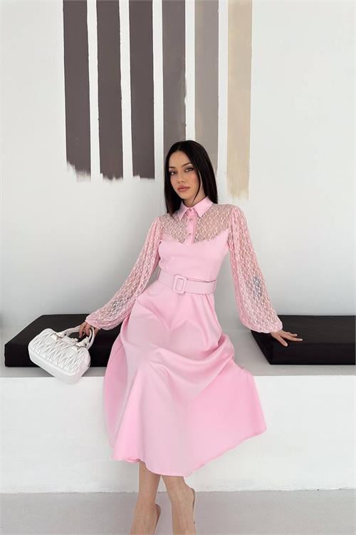 Dipmoda kadın pembe gömlek yaka transparan üst detaylı kemerli midi boy elbise DPK4581