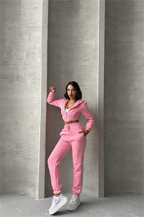 Dipmoda kadın pembe pamuklu Celine eşofman takımı NBG025