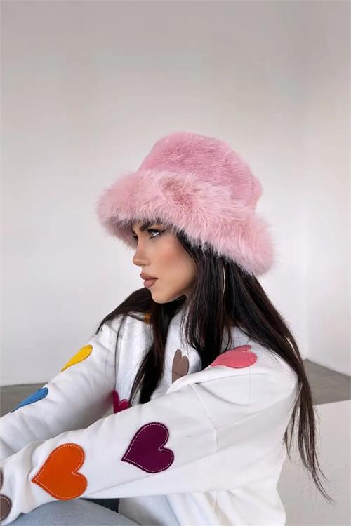 Dipmoda kadın pembe peluş kalpak şapka DPAKS001