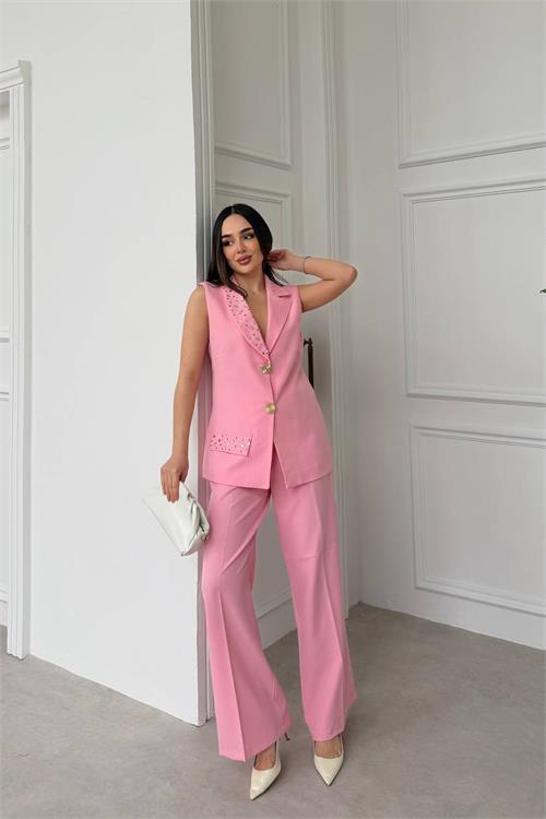 Dipmoda kadın pembe taş işlemeli gold düğme detaylı kolsuz blazer ceket pantolon takım DPSTR1030