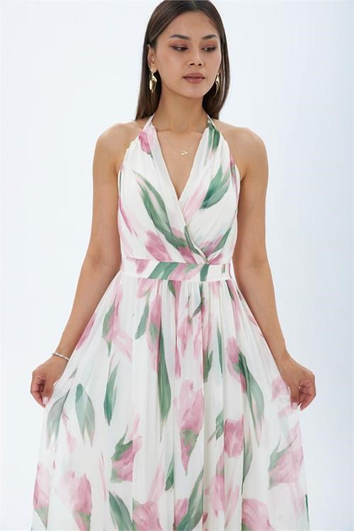 Dipmoda kadın pembe yaprak desen halter yaka maxi boy elbise DPMY4122