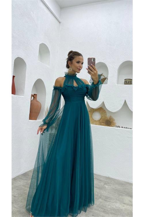 Dipmoda kadın petrol tül drapeli uzun abiye elbise NBSWLL07 