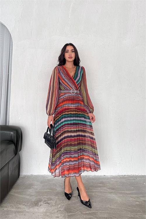 Dipmoda kadın piliseli desenli şifon elbise DPNBK3029