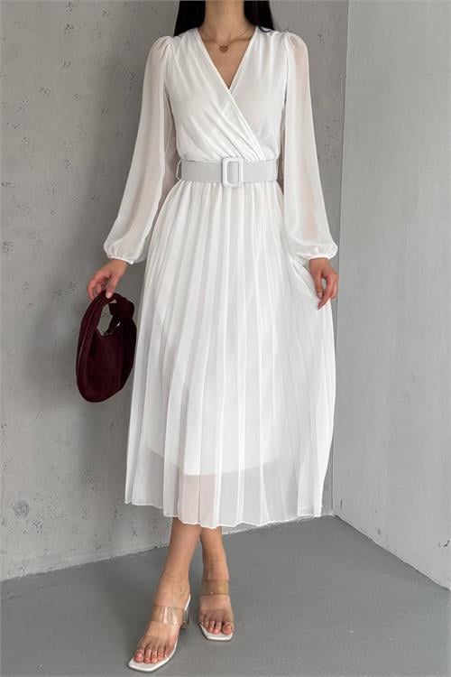 Dipmoda kadın piliseli kruvaze yaka kemerli şifon elbise NBK2113 