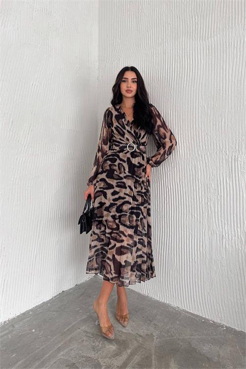 Dipmoda kadın piliseli leopar desenli şifon elbise DPNBK3029