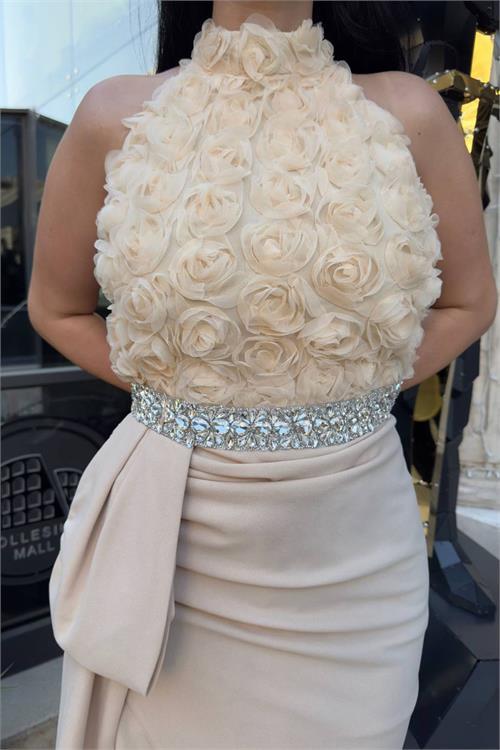 Dipmoda kadın premium gül detaylı bel taş kemerli tasarım abiye elbise DPNC2527