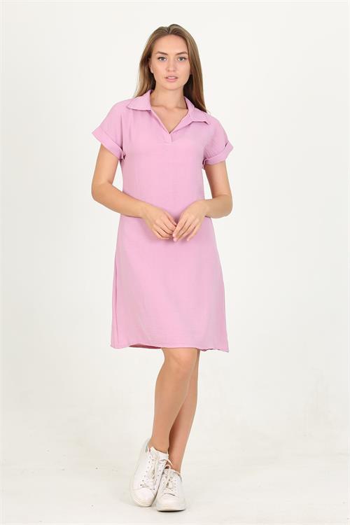 Dipmoda kadın pudra gömlek yaka kol detaylı midi boy ayrobin elbise LPTR10 