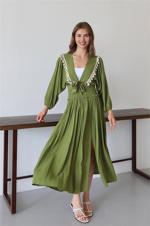 Dipmoda kadın püskül detaylı yırtmaçlı bohem takım DPNP015