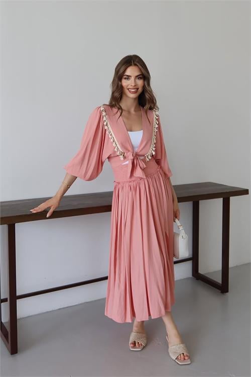 Dipmoda kadın püskül detaylı yırtmaçlı bohem takım DPNP015