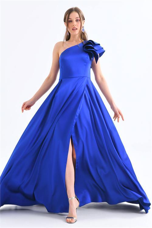 Dipmoda kadın saks likralı tek omuz saten abiye elbise NBSWLL10 