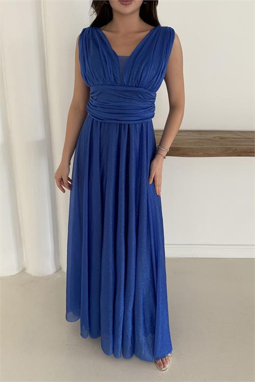 Dipmoda kadın saks simli büyük beden abiye elbise RYS9223