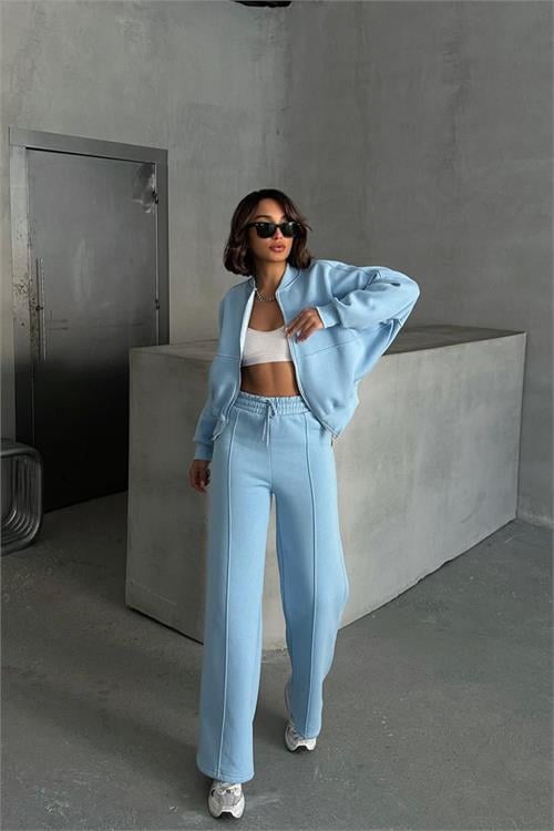 Dipmoda kadın şardonlu üç iplik eşofman takımı GTS018 - Bebe Mavisi