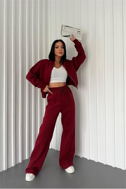 Dipmoda kadın şardonlu üç iplik eşofman takımı GTS018 - Bordo 