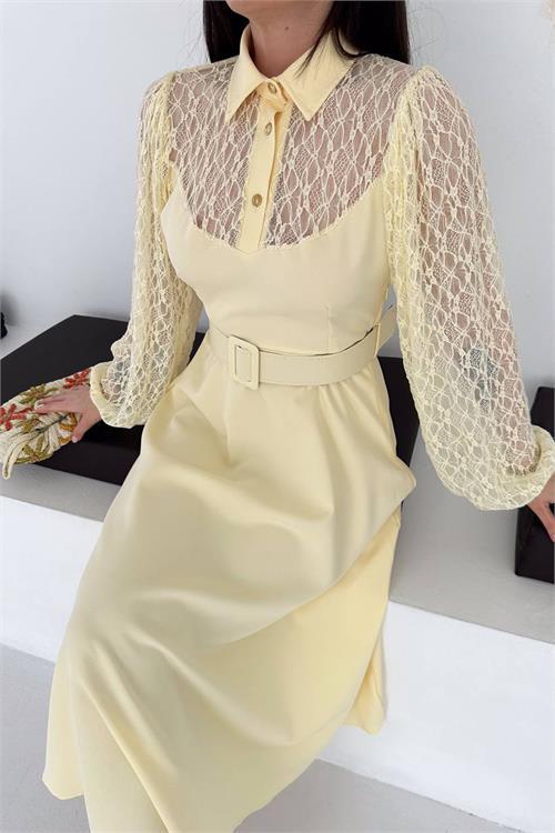 Dipmoda kadın sarı gömlek yaka transparan üst detaylı kemerli midi boy elbise DPK4581