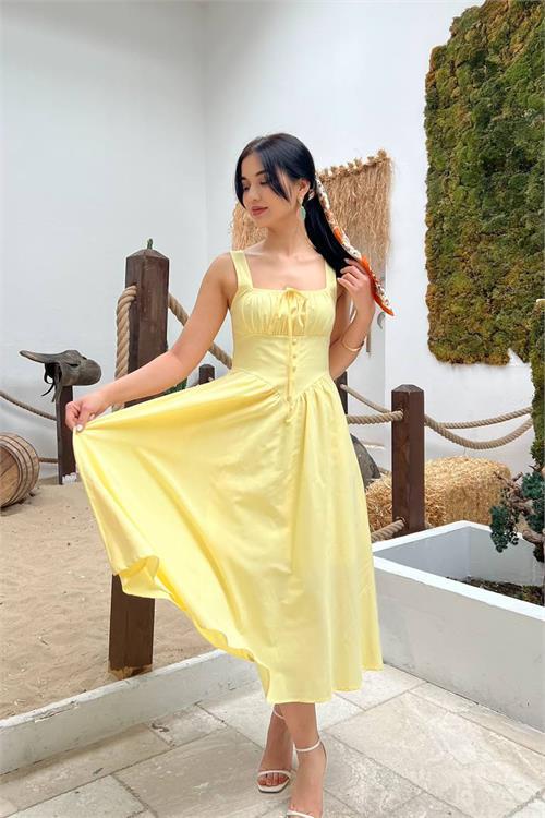 Dipmoda kadın sarı kalın askılı kare yaka düğme detaylı midi boy elbise DPMY3913