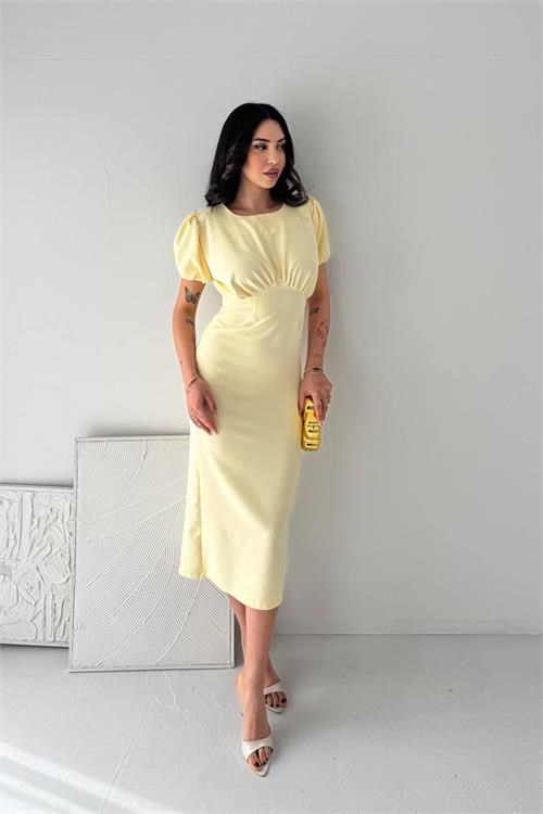 Dipmoda kadın sarı midi boy büzgü detaylı balon kol dar kesim elbise DPK4574