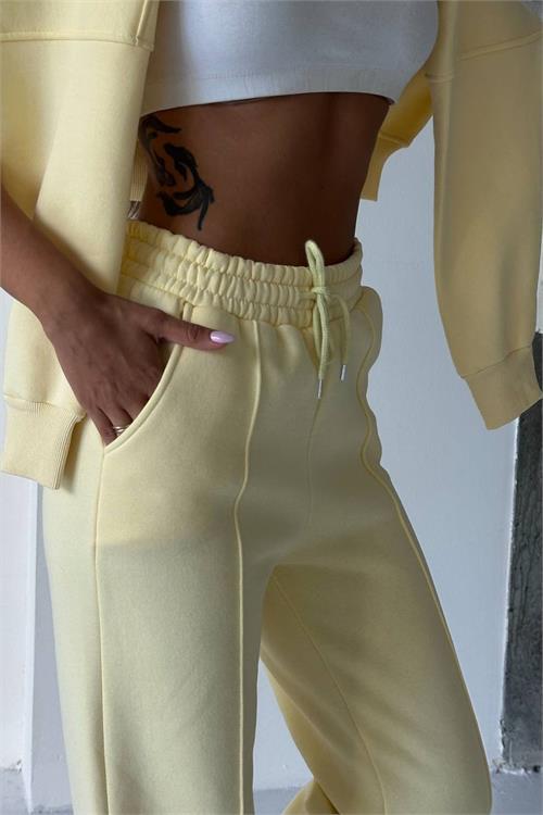 Dipmoda kadın sarı yüksek bel 3 iplik eşofman altı DPG107