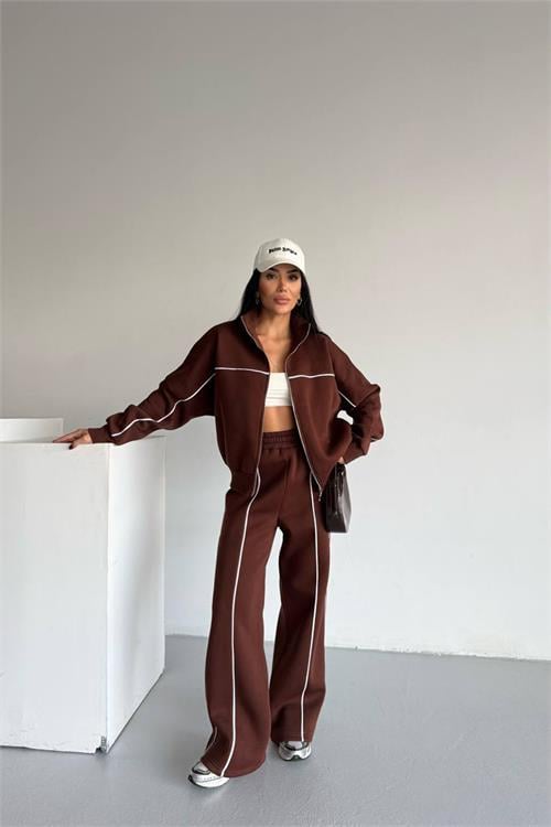 Dipmoda kadın şerit detaylı 3 iplik şardonlu eşofman takımı DPG121