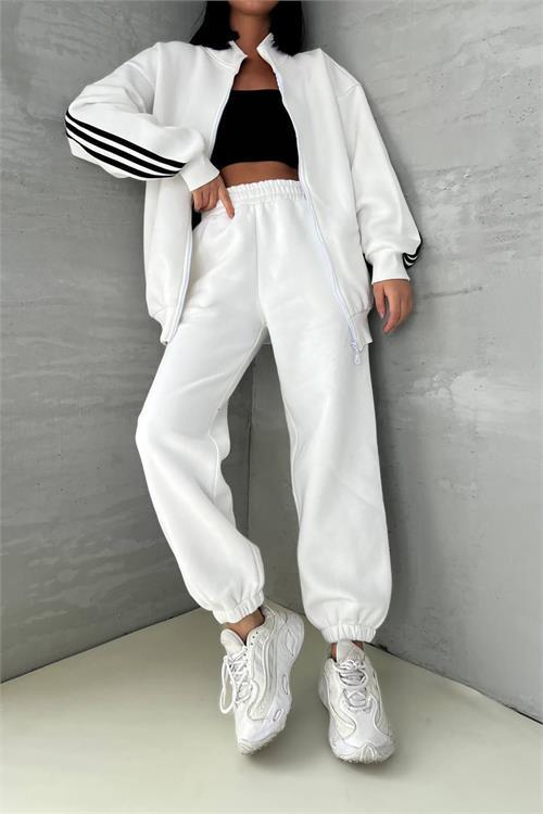 Dipmoda kadın şeritli 3 iplik eşofman takımı DPGTS028 - Ekru