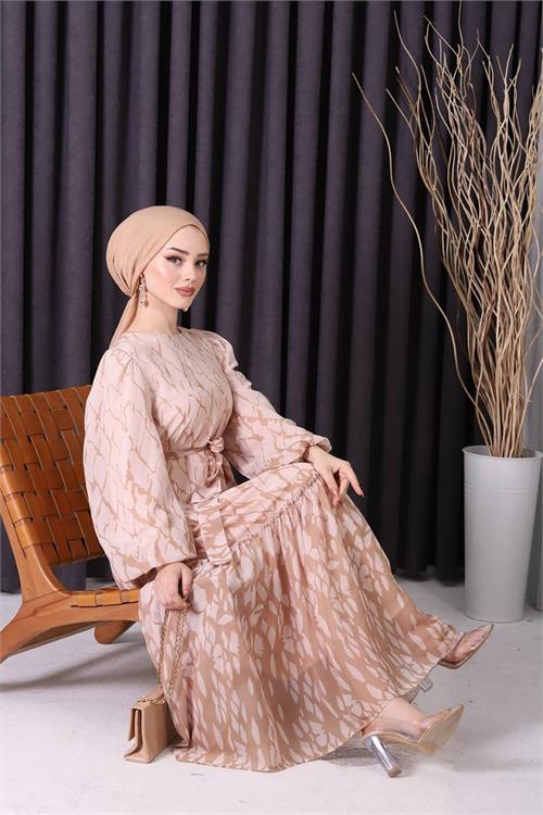 Dipmoda kadın şifon eteği fırfırlı desenli tesettür elbise SMS008 