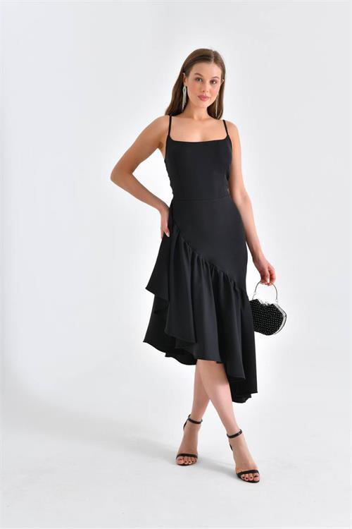 Dipmoda kadın siyah askılı asimetrik abiye elbise NBSWLL11 