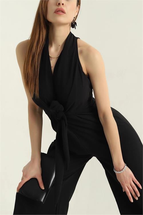 Dipmoda kadın siyah bağlama detaylı tulum DPMY3551