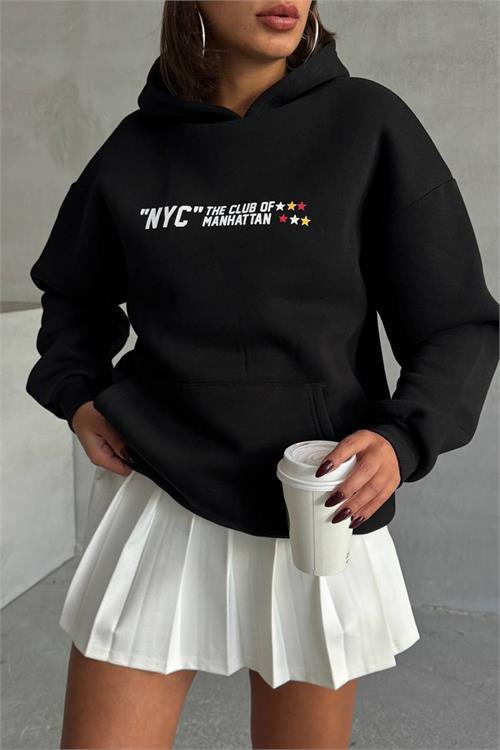 Dipmoda kadın siyah baskı detaylı kapüşonlu sweat NBG043 