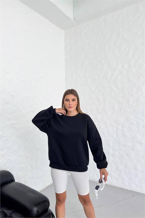 Dipmoda kadın siyah bisiklet yaka pamuklu sweat NBG031 