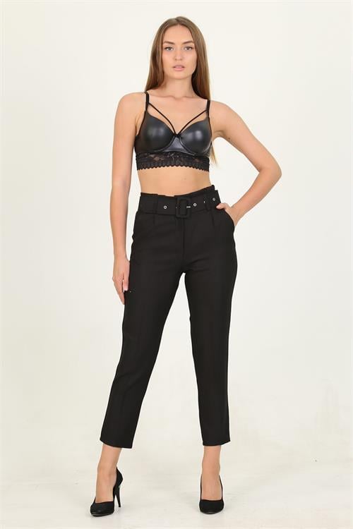 Dipmoda kadın siyah cepli kemer detaylı kumaş pantolon QNS026 