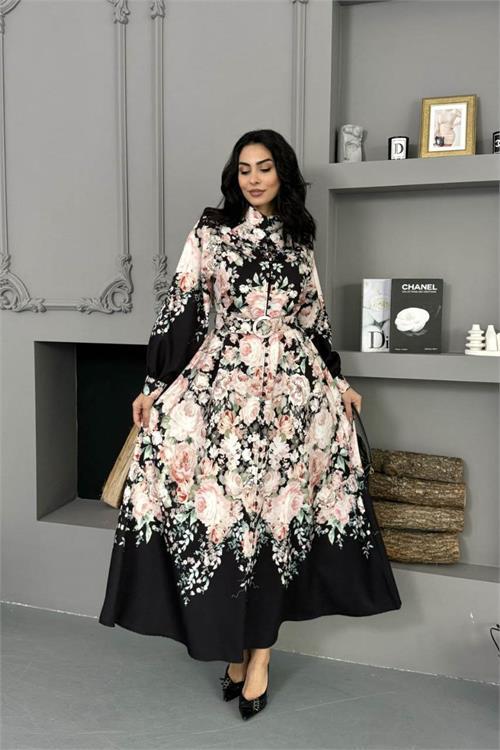 Dipmoda kadın siyah çiçek desenli ithal kumaş tam düğmeli kemerli tasarım elbise DPMS25115