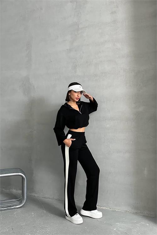 Dipmoda kadın siyah crop kapüşonlu eşofman takımı DPNBG068