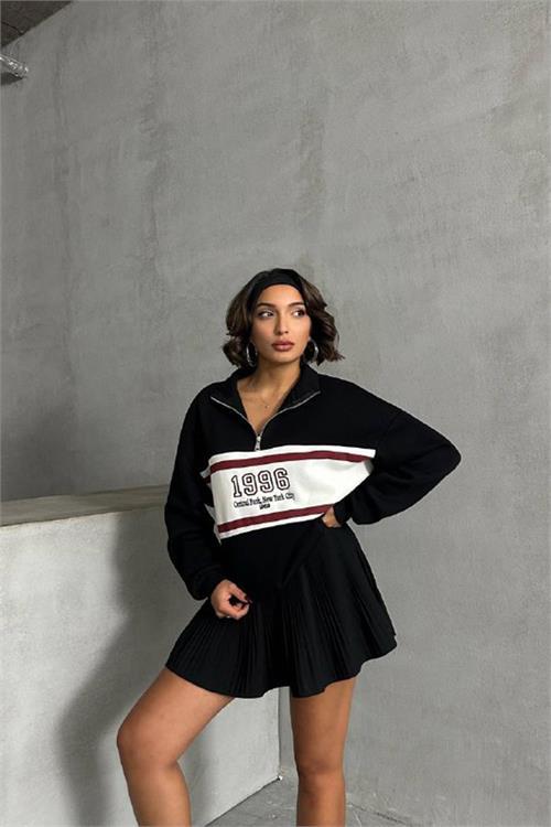 Dipmoda kadın siyah fermuar detaylı sweatshirt DPNBG060