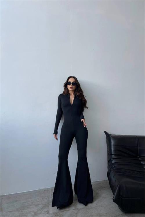 Dipmoda kadın siyah fermuarlı ispanyol paça tulum DPNBDF009