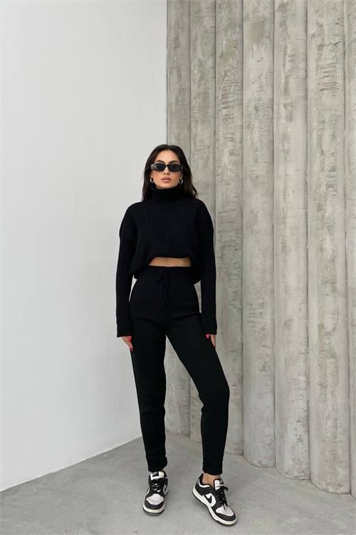 Dipmoda kadın siyah fitilli balıkçı yaka alt üst triko takım NBDM1215 