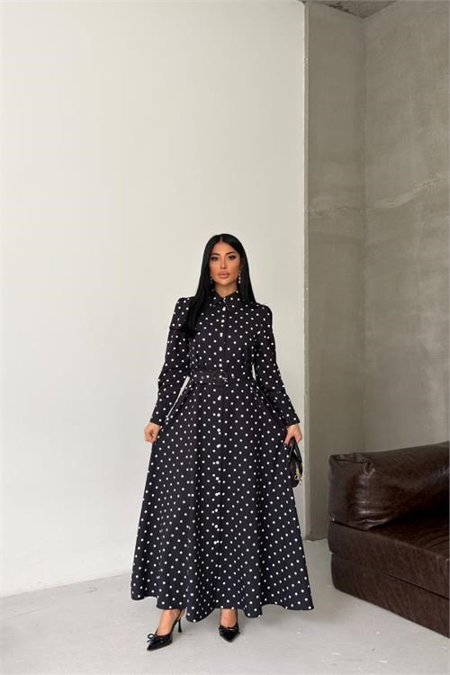 Dipmoda kadın siyah gömlek yaka kemer detaylı puantiyeli tam boy tasarım elbise DPMS2674