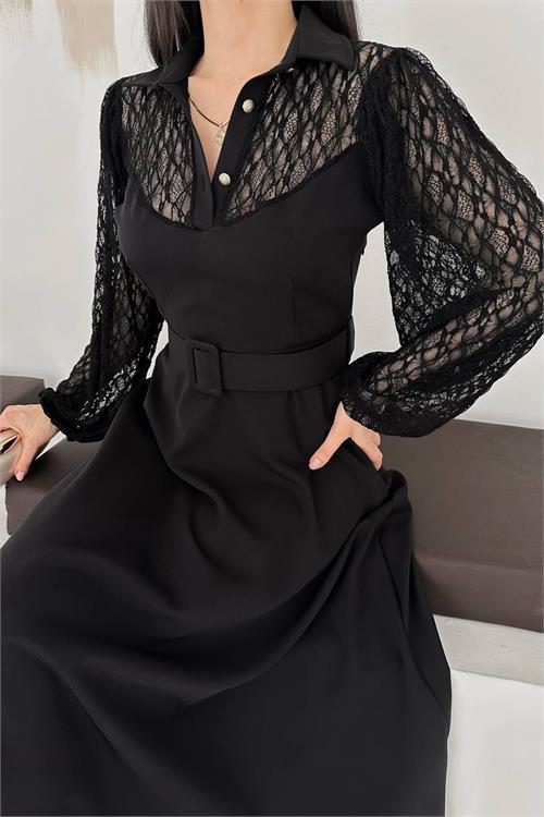 Dipmoda kadın siyah gömlek yaka transparan üst detaylı kemerli midi boy elbise DPK4581